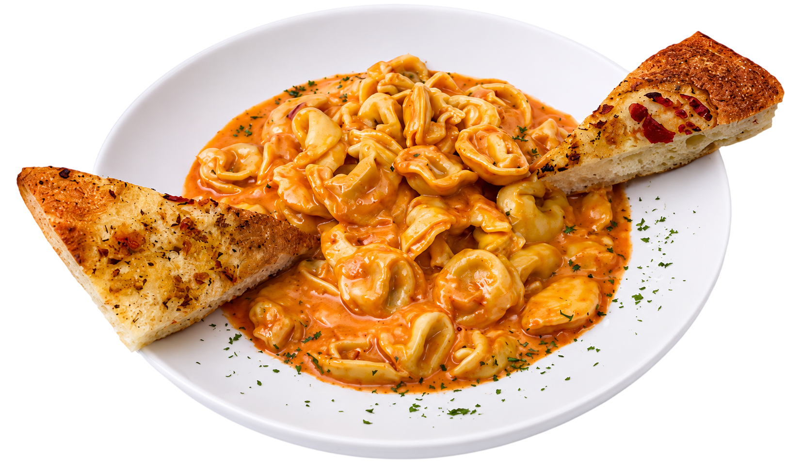 Plate of tortellini pasta in creamy tomato sauce with two slices of garlic herb bread.