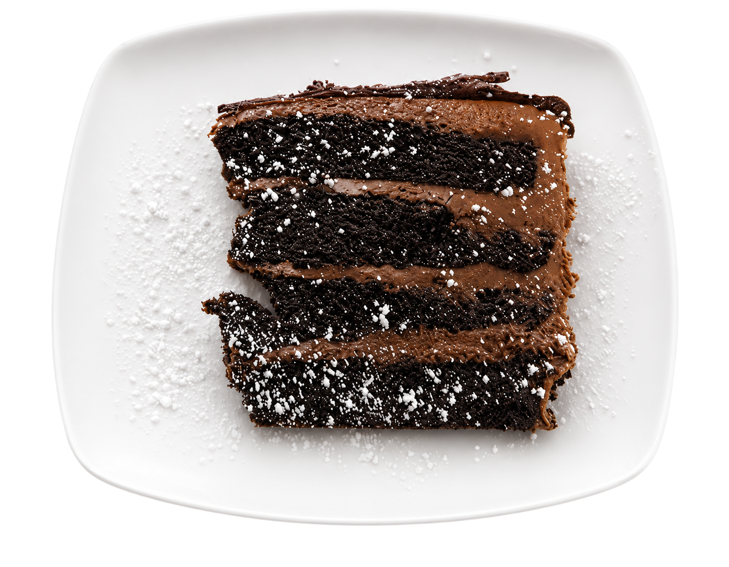 Slice of layered chocolate cake with chocolate frosting and powdered sugar on a white plate.