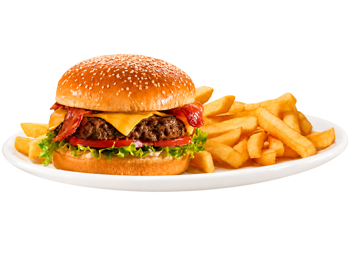 Cheeseburger with bacon, lettuce, tomato, and mayonnaise served with French fries on a white plate.