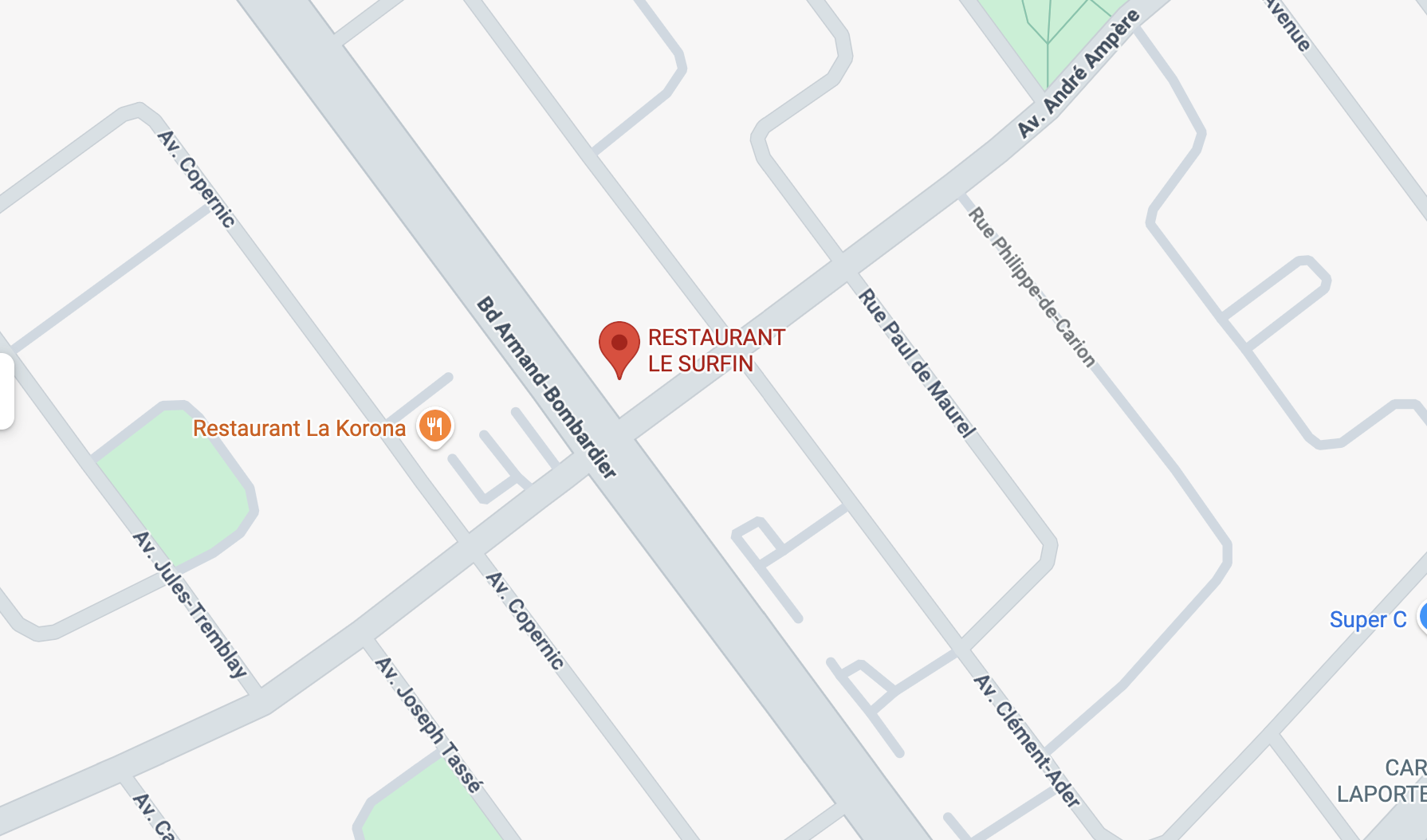 Map with location pin for Restaurant Le Surfin on Bd Armand-Bombardier near Av Copernic.