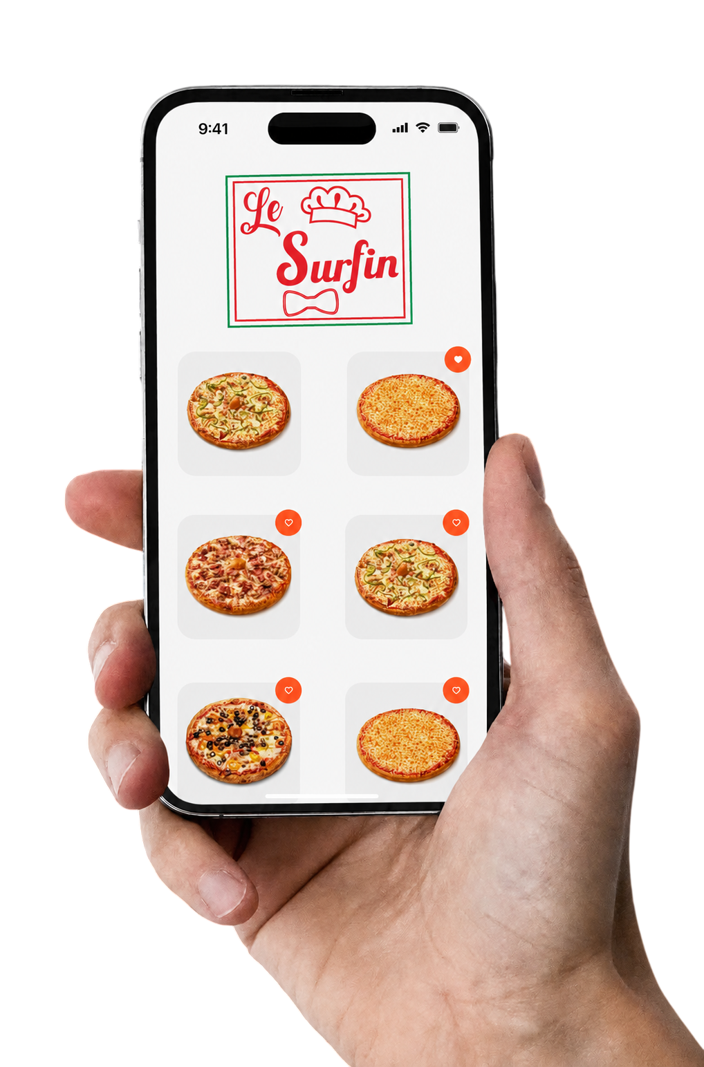 Hand holding phone showing pizza menu app with six pizzas and Le Surfin logo at top.