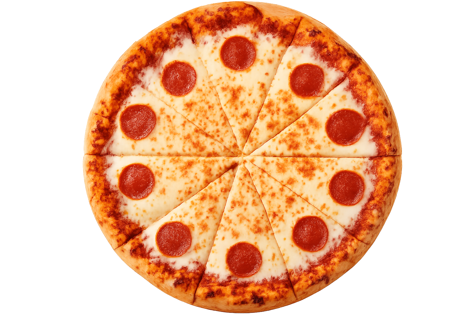 Whole pepperoni pizza with eight slices and one pepperoni on each slice on a brown gradient background.