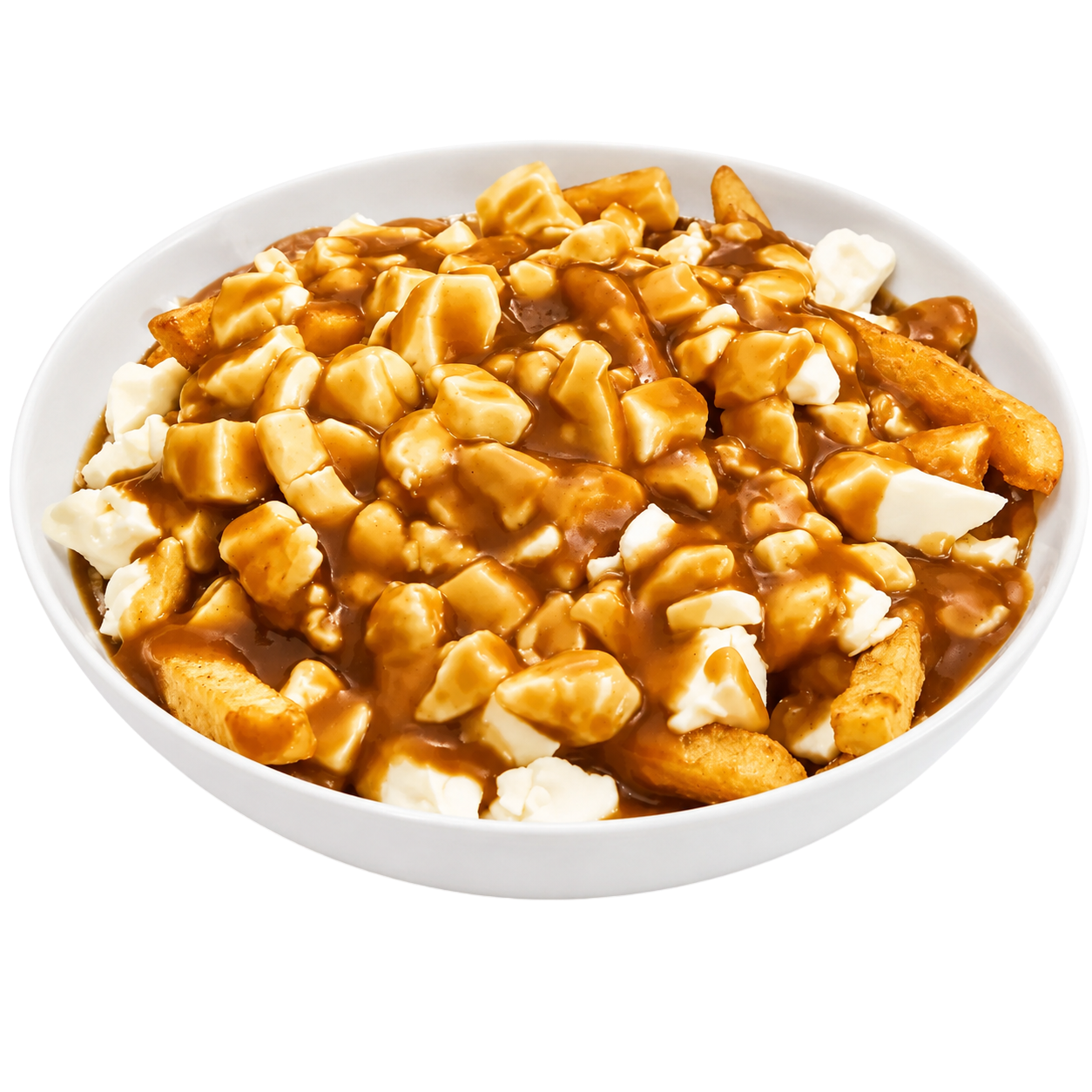 White bowl of poutine with fries, cheese curds, and brown gravy sauce.