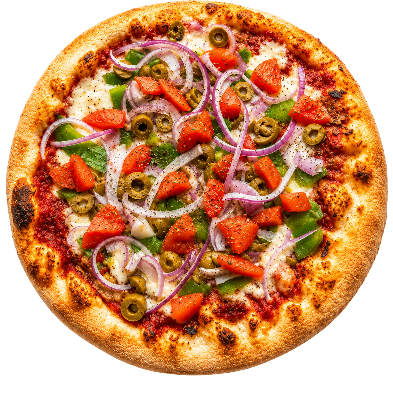 Vegetarian pizza with tomato, green bell peppers, sliced olives, red onion, and cheese on a golden crust.